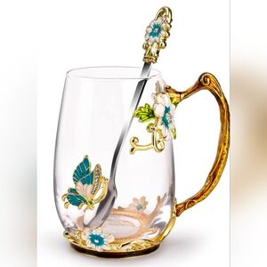 Enamel & Glass Butterfly & Flower Mug New In Box Light Blue. With Spoon & Coaser